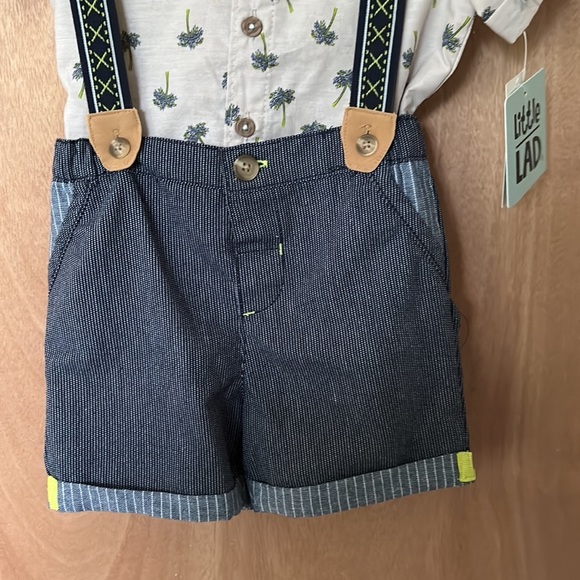 Little Lad Palm Trees and Suspenders Three Piece Set 18mo with denim shorts - Picture 3 of 5